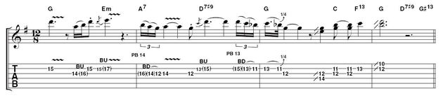 Example 4: string bends and doublestops.  Pay meticulous attention to pitching on string bends and don't neglect the quarter tone ones. Details like this are where that elusive authentic sound comes from. Also, note the melodic doublestops at the end. Theyre not technically difficult, but would you have thought of trying them?